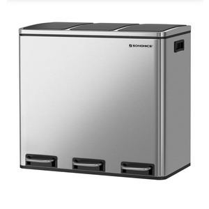 SONGMICS Trash Can, 3 x 4.8 Gallon Garbage Can, 14.4 Gallon Recycle Bin with Soft-Close Lids, Pedals, and Inner Buckets for Kitchen, Stainless Steel, Silver and Black ULTB54NL