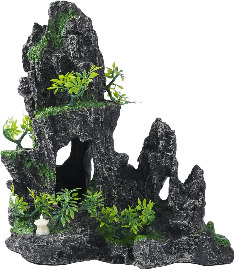 Large Fish Tank Decorations - Mountain View Aquarium Ornament with Tree House Cave Bridge, Resin, 10.24x9.45x5.12 inches, C