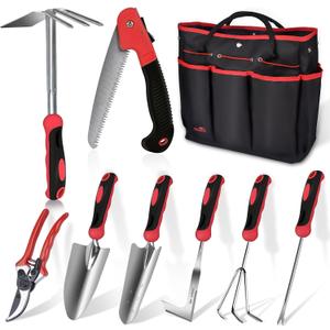 Red Gardening Tools, WisaKey 9 Piece Stainless Steel Heavy Duty Garden Tools with Non-Slip Ergonomic Handle, Garden Tote Bag, Garden kit, Gardening Gifts for Women Mothers