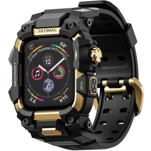 ULTIMAL Rugged Case with Band for Apple Watch 45mm, Compatible with Apple Watch Series 9/8/7 45mm, Military Grade Shockproof Bumper Cover for iWatch Tactical Band (45mm, Gold)