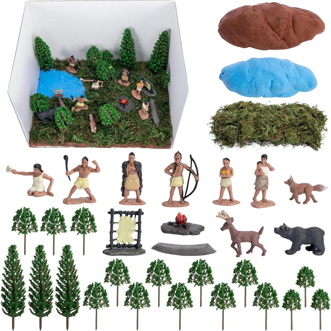 33 Pcs Native American Figurines Diorama Box Kit, Indian Figures Toys Model Diorama Project Set, American Indians Action Figurines Dioramas Supplies for DIY Crafts Historical Education School Project