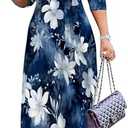 PinkPatty Plus Size Maxi Dresses for Women Casual Flowy Long Dress 3/4 Sleeve V Neck Wrap Dress with Belt L/XL