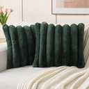 FUTEI Dark Green Decorative Throw Pillow Covers 16x16 Inch Set of 2, Square Soft Faux Rabbit Fur Thick Striped Cushion Cover,Spring Home Decor for Couch Bed Living Room