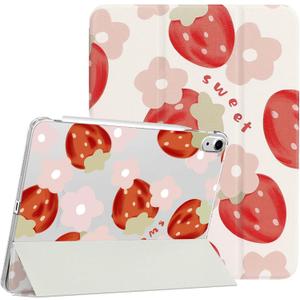 Lovmooful Compatible for iPad Air 6th 11-inch M2 (2024),iPad Air 5/4 (2022/2020 5th/4th Generation 10.9-Inch) Case with Pencil Holder Cute Flower Soft TPU Trifold Stand Protective-Light Strawberry
