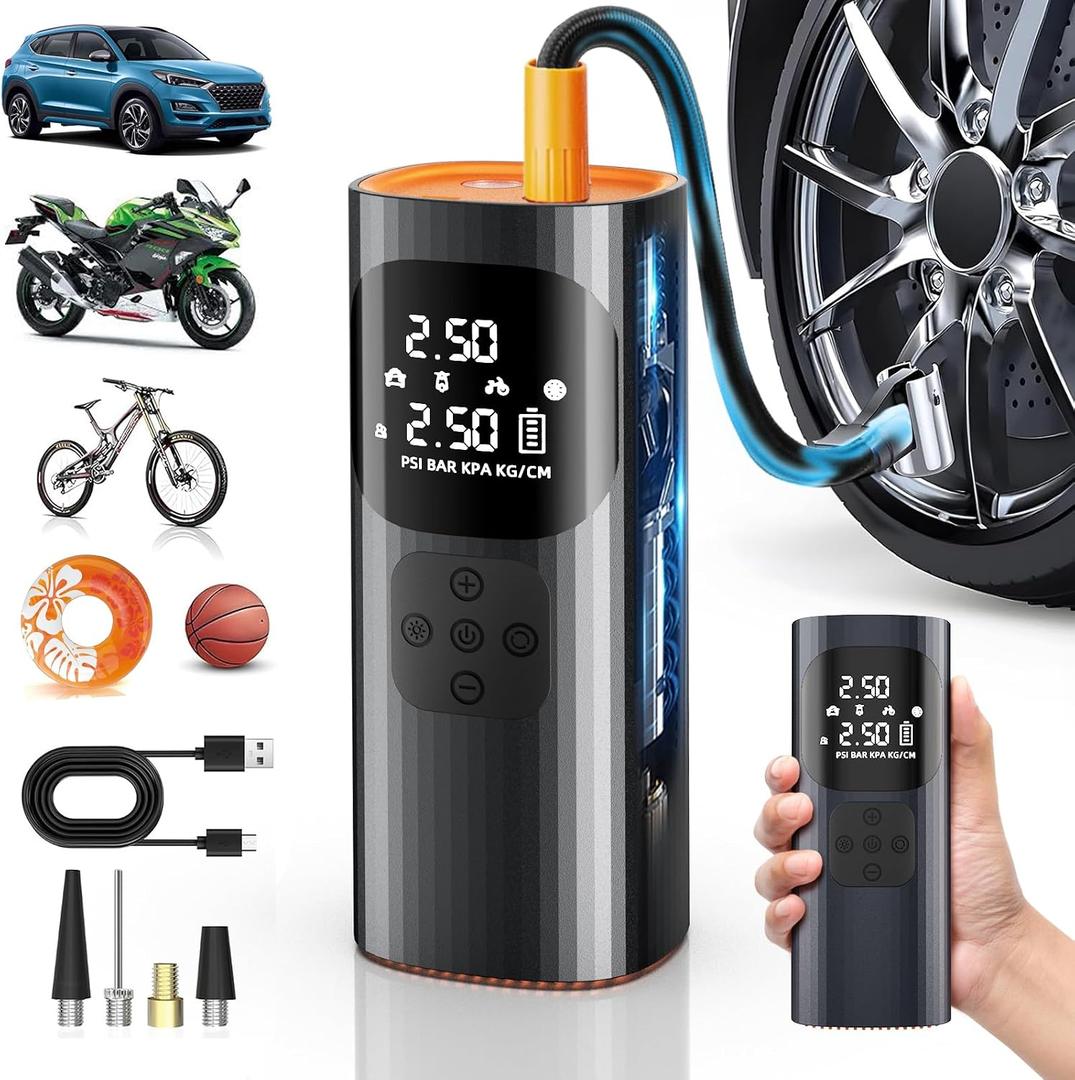 Tire Inflator Portable Air Compressor, 150PSI Cordless Air Pump for Car Tires with Auto Shut-Off Function and Real-Time Accurate Pressure Measurement, Bike Pump for Car, Motorcycle, Bike, Ball