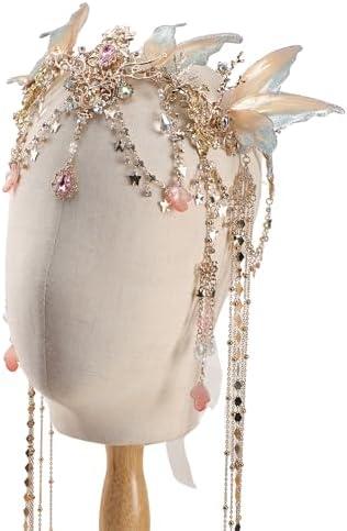 Renaissance Butterfly Elf Fairy Crown - Fairy Headband with Pink Butterfly Wings Elf Headpiece with Tassel Elven Tiara Wedding Renfaire Dress Up Cosplay Christmas Accessories for Women
