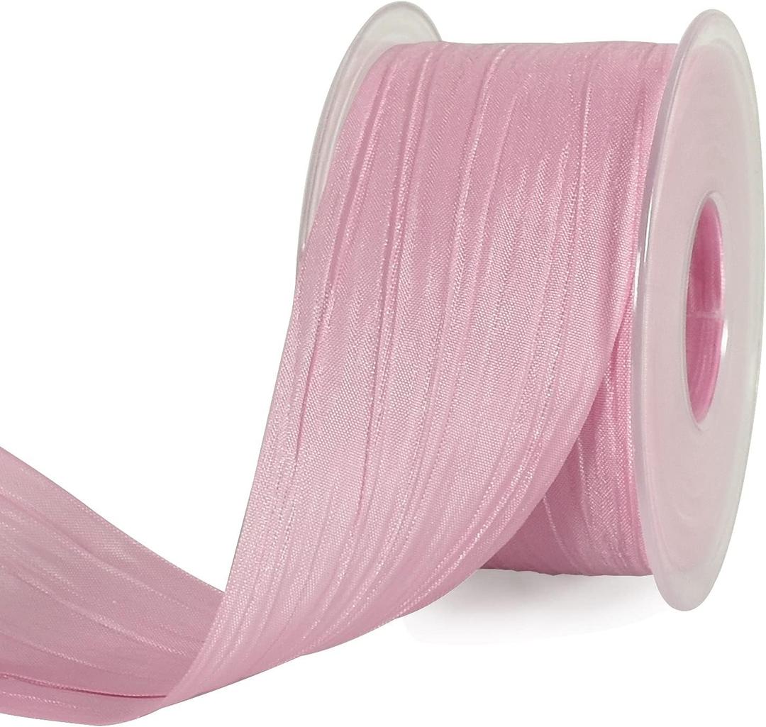 TONIFUL 2 Inch x 25 Yards Wide Pink Crinkled Ribbon Silk-Like Wrinkled Ruffled Woven Solid Ribbons for Crafts Floral Bouquets Rustic Wedding Decorations Gift Wrapping Packaging Valentine's Day
