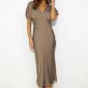 Satin V Neck Puffy Sleeves Silk Midi Dresses Empire Waist Elegant Tie Back Formal Cocktail Dress for Women Wedding Guest (Beige, L)