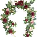 Lookein Artificial Rose Flower Garland Greenery Garland 5FT for Wedding Ceremony Backdrop Arch Flowers Table Centerpieces Decorations, Burgundy