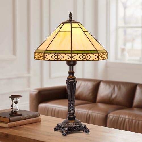 Table Lamp with Stained Glass Shade, Vintage Style Desk Lamp, Mid Century Modern Bedside Nightstand Decorative Lamps with Rocker Switch, Unique Accent Light for Bedroom Living Room Office (E26 Base)
