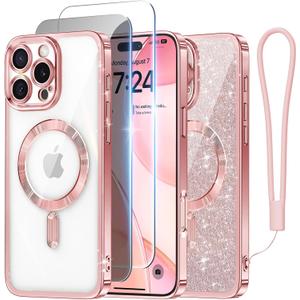 Meifigno Case Designed for iPhone 16 Pro, [Compatible with MagSafe] [1X HD+1X Privacy Screen Protectors] [Glitter Card&Wrist Strap] Surround Lens Protection Designed for iPhone 16 Pro Case, Rose Gold