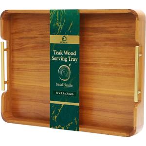 Solid Teak Wood Serving Tray with Handles, 17"x13"x2" Rectangular Ottoman Tray for Living Room Kitchen Party, Rustic Decorative Tray for Home Coffee Table Breakfast Dinner Bar