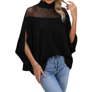 Verdusa Women's Contrast Mesh Half Cape Sleeve Blouse Loose Fit Dressy Tops Business Casual Outfits (X-Large, Black)