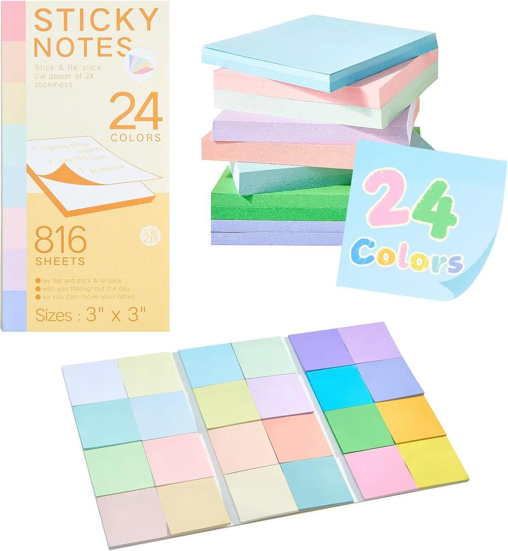 2 x 24 Colors Super Sticky Notes 3x3 Inches, 816 Sheets Repositionable Pads for Office, School, Home, Shopping List