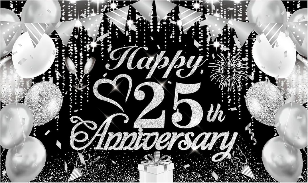 25th Wedding Anniversary Decorations Banner Black Silver Happy 25th Anniversary Banner for Women Men Silver Wedding Party Decorations 72.8x43.3 inches