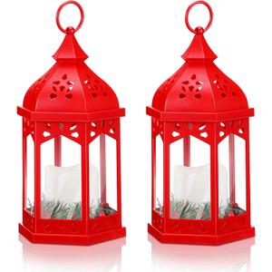 Glooglitter 2 Pack Christmas Lanterns with Warm White LED Lights 11 x 6 Inch Red Christmas Lantern Decor with Holly Berry Pine Hanging Xmas Candle Holder Indoor Outdoor Decorative Table Centerpieces