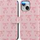 DEENAKIN for iPhone 15 Wallet Case, Card Slots Holder + Cash Clip Cute Pink Bow