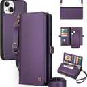 Wallet Case Compatible with iPhone 13,Multi-Function Detachable 2 in 1 Magnetic iPhone 13 Case Wallet,Flip Strap Zipper Card Holder Phone Case with Shoulder Straps (Purple)