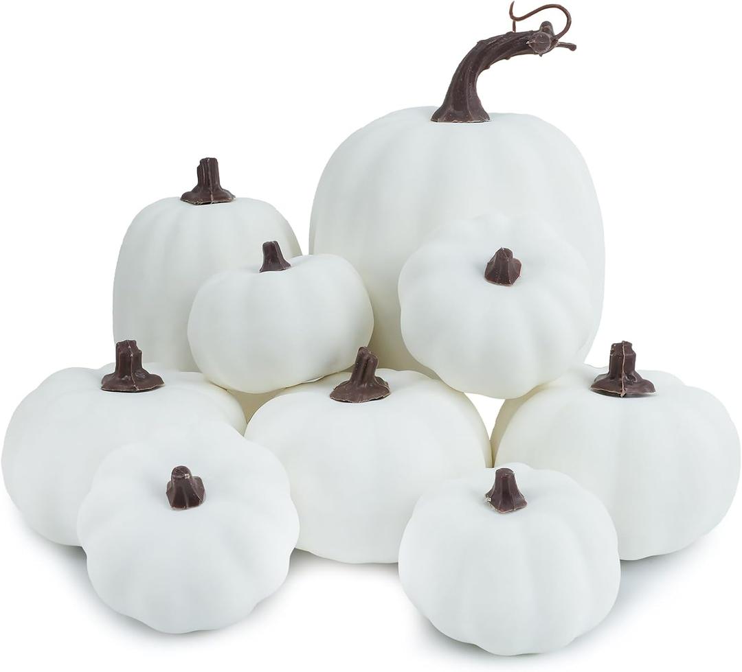 9PCS Fall Pumpkin Decor - Plastic Artificial Fake Pumpkins Used for Home Party Outdoor Decor and Thanksgiving Decorations(White)