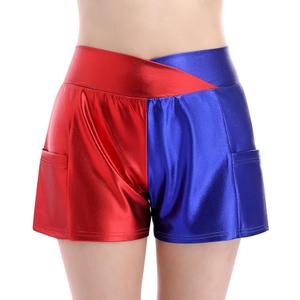 Women's Metallic Shiny Shorts Sparkly Hot Dance Bottoms Elastic Waist Short Pants Rave Festival Outfits with Sunglasses Red+Blue X-Large