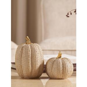 Fall Thanksgiving Pumpkin Decor Figurines, 2 PCS Fake Pumpkin Statues for Tabletop Decorating, White and Gold Resin Pumpkins for Autumn Harvest Luxury Fall Home Decor, Farmhouse, Gift Package (Set of 2)
