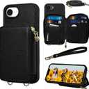 Keallce Case for iPhone 16e 2025 6.1'' Case Wallet, Crossbody Zipper with RFID Blocking Card Slots Kickstand,Handbag Zipper Flip Cover with Wrist Strap for iPhone 16e Men Women, Black