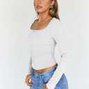 Trendy Queen Womens Long Sleeve Shirts Crop Square Neck Ribbed Tops Basic Slim Fit Y2K Fall Winter Clothes Outfits 2026 (White, S)