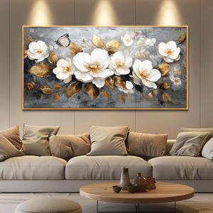 FUHAIHUA Large Wood Framed Wall Decor For Living Room Canvas Wall Art For Office Modern Wall Decorations For Bedroom White Flower Painting Farmhouse Pictures Artwork Room Home Decor 24x48 In
