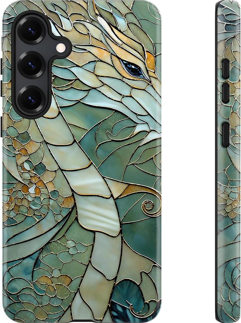 Esdot for Samsung Galaxy S24 Case,Aesthetic Stained Glass Mosaic Green Dragon Shell,Compatible with Magsafe,Trendy Unique Cool Retro Western Protective Slim Silicone Phone Cover for Women Girls (An Abstract Dragon)