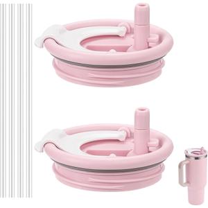40 oz Tumbler Flip Straw Lid Replacement for Stanley Quencher, 2PCS Spill Proof Tumbler 40oz Replacement Lid for Stanley Cup(Pink 2 Pack)