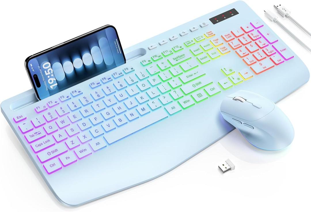 Wireless Keyboard and Mouse Combo, 9 Backlit Effects, Wrist Rest, Phone Holder, 2.4G Lag-Free Ergonomic Keyboards, Rechargeable Silent Cordless Set for Computer, Laptop, Mac, Windows -SABLUTEBlue