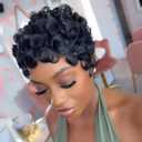 Curly Wave Short Wig for Black Women 1B Black Color Pixie Cut Wig Synthetic Wave Layered Haircut None Lace Front Wigs with Bangs for Daily Use