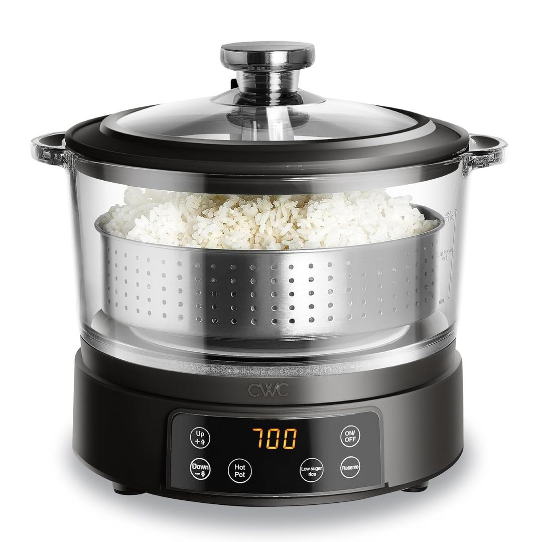 COOK WITH COLOR 3L Glass Mini Low Carb Rice Cooker Holds 2 Cups Raw/Makes 6 Cups Cooked with Auto Lift Filter Basket, Hotpot & Steamer for Rice, Grains, Digital Panel with Keep Warm, Black