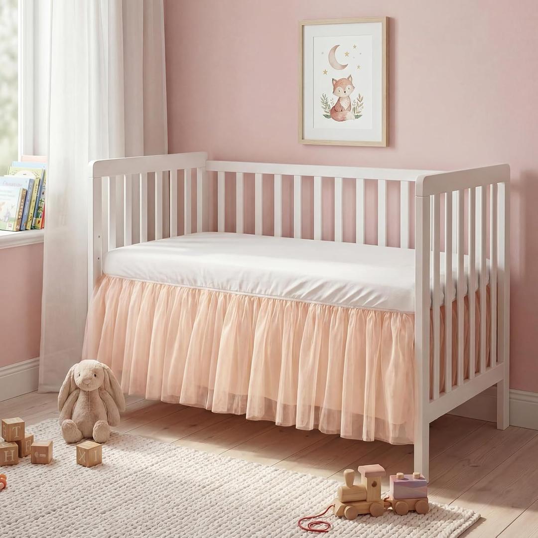 Pink Lace Crib Bed Skirts Double Layer Nursery Toddler Dust Ruffle Bedskirts 28''x 52'' Pink Tulle Lace Bedskirt for Boys Girls Nursery Toddler Bedskirt 14'' Drop Bed Skirt