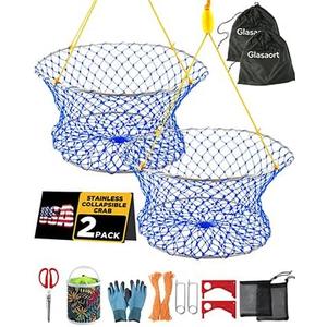 2Pack 24" Stainless Collapsible Crab Net, Crab nets for Crabbing | Crabbing with 50ft Rope, Bait Bag, Clip Ruler Complete Recreational Crabbing Gear for Dock, Pier & Shoreline Fishing