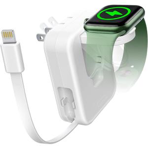 For Apple Watch Charger Block, 2 in 1 Wall Charger with Built-in Retractable Charging Cable, Travel Foldable Plug Power Adapter Compatible with iPhone iWatch (White)