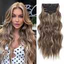 Clip in Hair Extensions for Women, 6PCS Long Wavy Curly Clip on Hair Extensions 20 Inch Medium Brown Mixed With Ash Blonde Synthetic Hairpieces