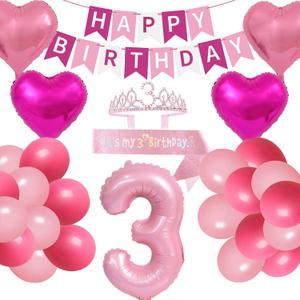3rd Birthday Decorations for Girls Pink 3 Year Old Happy Birthday Banner Party Sash Crown Tiara Banner Heart Balloons Latex Balloons for Girls Three Years Old Party (Pink)