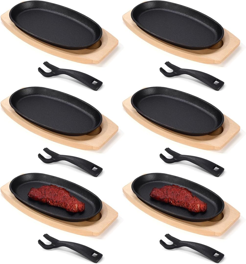 6 Pieces Oval Cast Iron Fajita Skillet Pan Set Small Sizzling Steak Plate with Wooden Base and Handle Cast Iron Fajita Skillet Sizzling Plate for Home Valentine's Day(9.5 in x 5.5 in, Natural Wood)