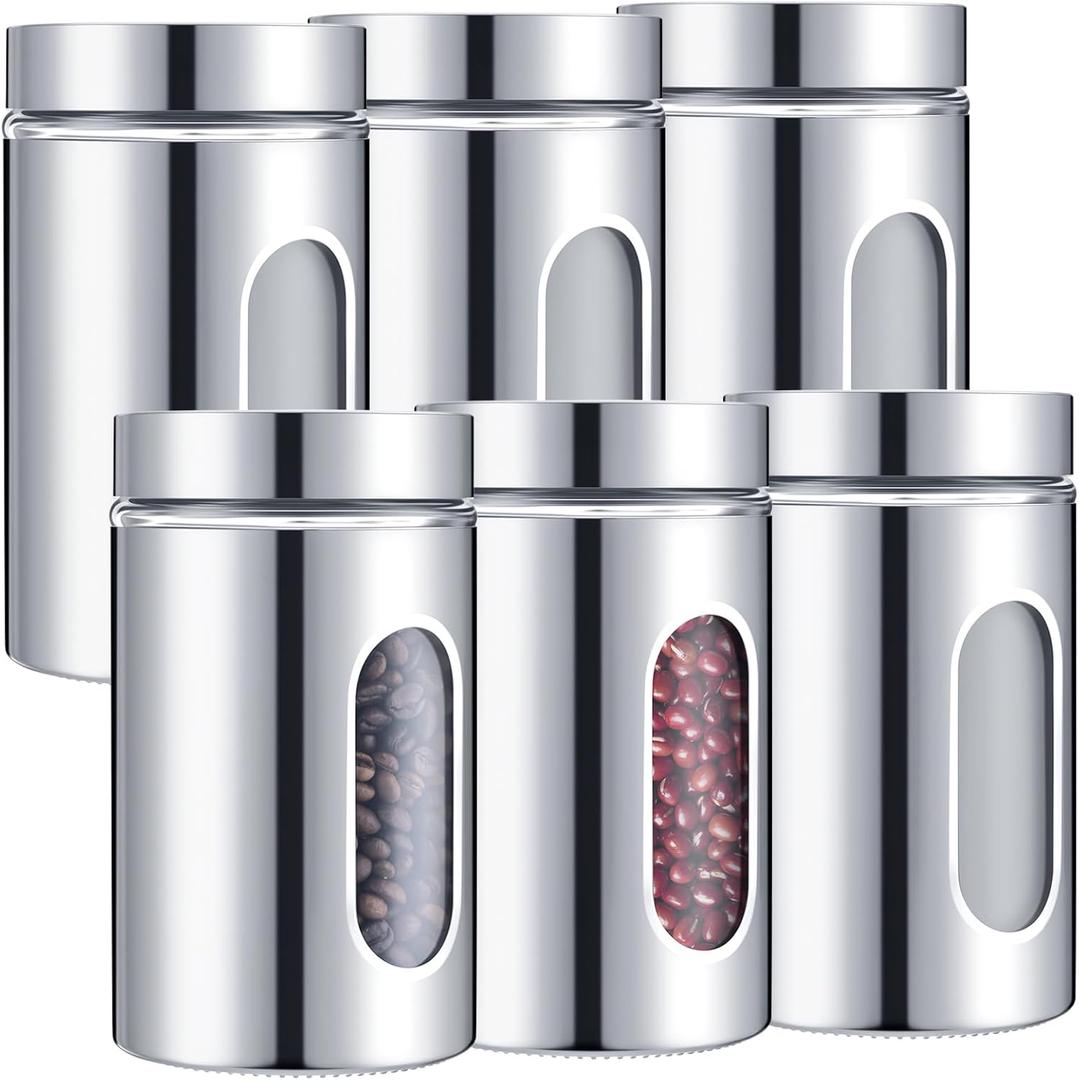 Mimorou 6 Pack Kitchen Canisters Set Airtight Coffee Sugar Tea Candy Storage Jars with Window Glass Stainless Steel Containers with Lids for Flour Cookies Spices Grains Kitchen Decorations(32 oz)