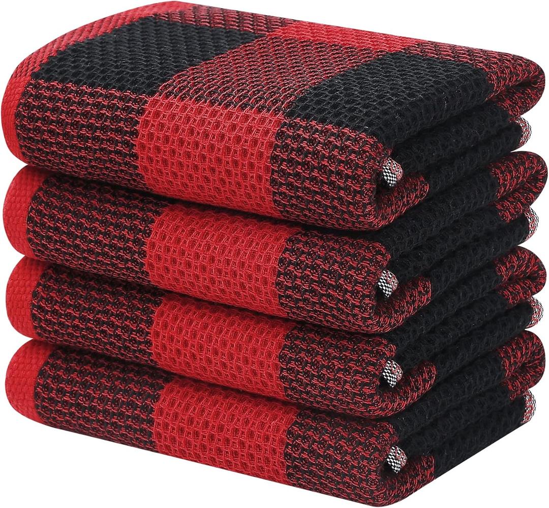 Homaxy 100% Cotton Waffle Weave Check Plaid Kitchen Towels, 13 x 28 Inches, Super Soft and Absorbent Dish Towels for Drying Dishes, 4-Pack, Black & Red