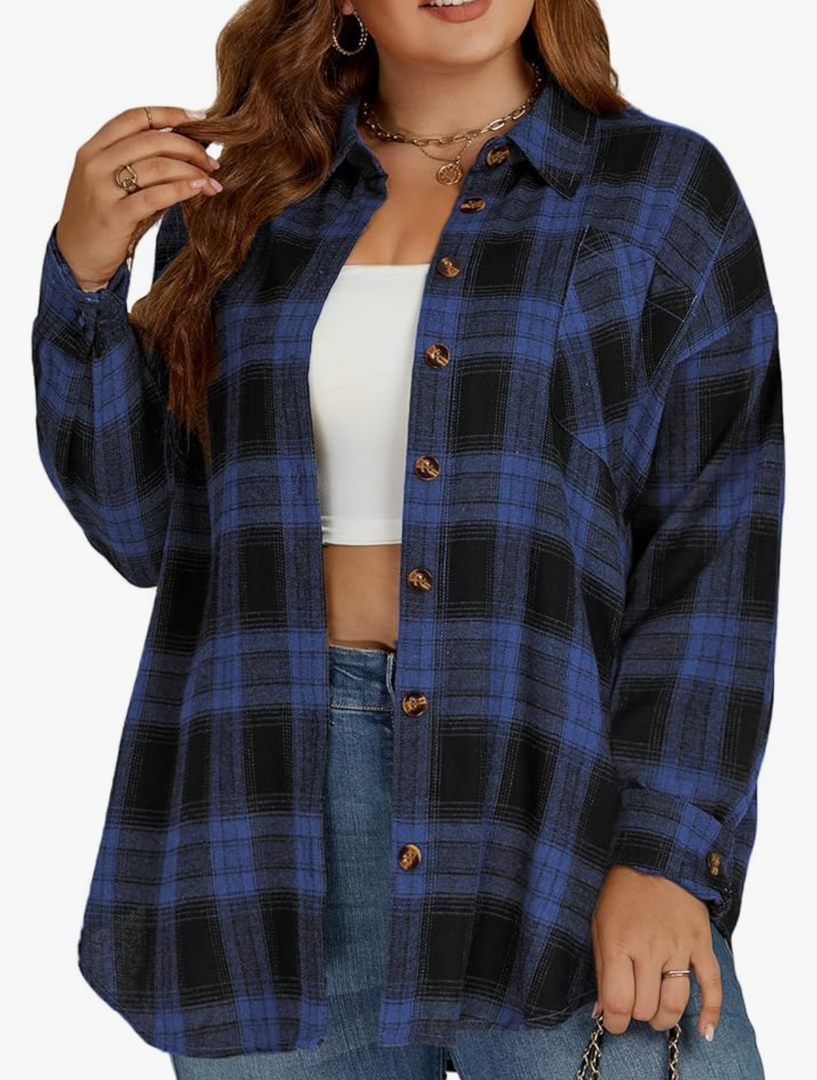 VISLILY Plus-Size-Tops for Women Casual Button Down Flannel Plaid Shirts Long Sleeve Tunics Collared Dressy Blouses XXL