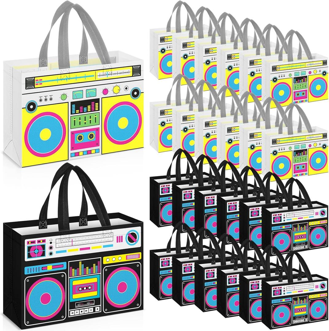 24 Pcs 80s90s Party Favor Bags Non Woven Retro Radio Grocery Bags for Hip Hop Birthday Disco Rock Party (Yellow,Black)