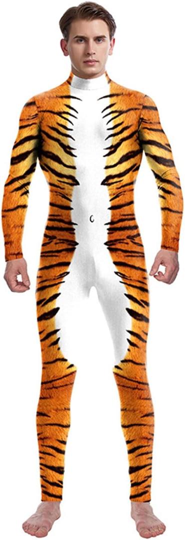 Men's Animal Print Halloween Costume Bodysuit Jumpsuit for Cosplay Party (X-Large, Tiger)