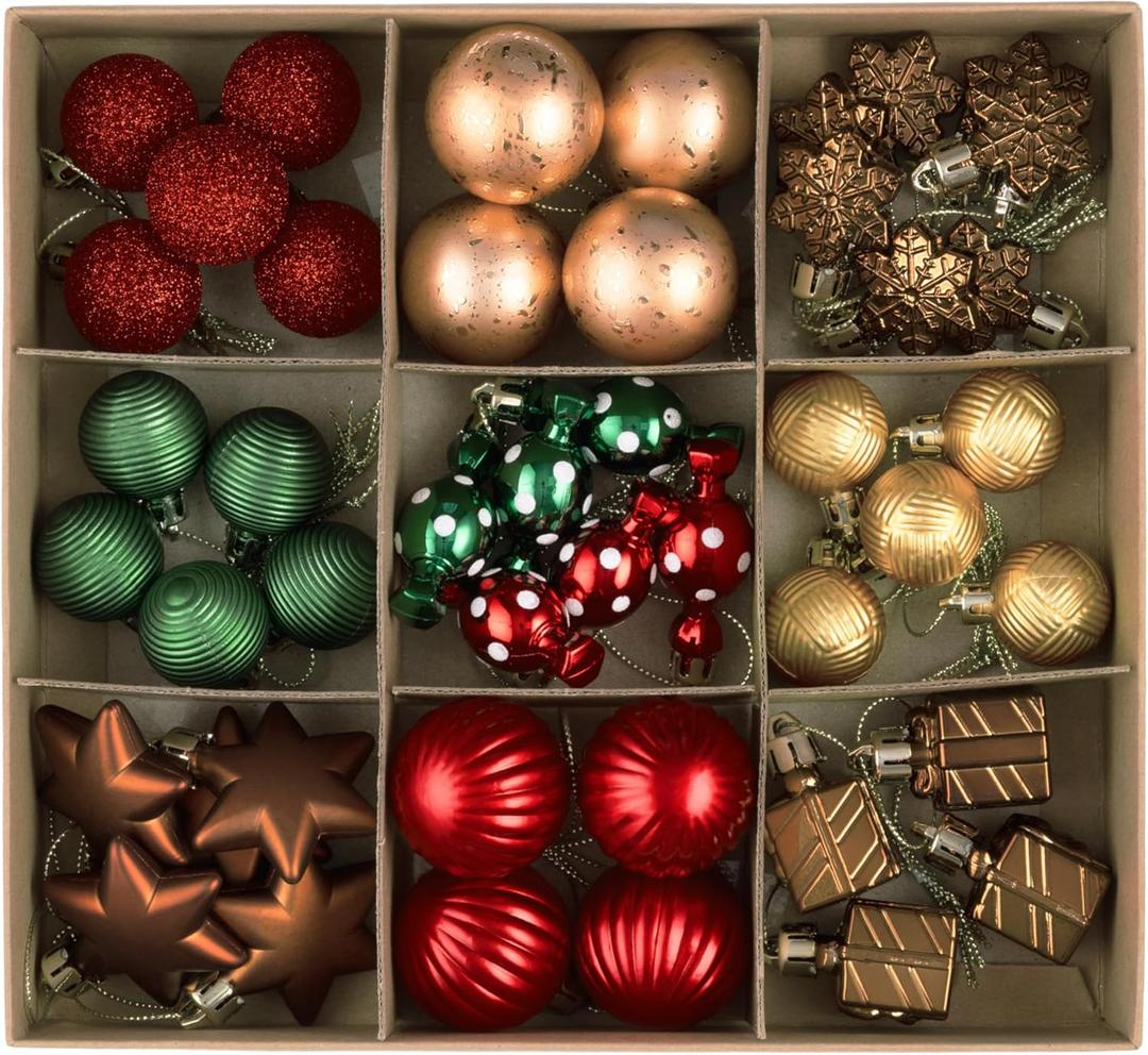 DecorbyHannah Mini Christmas Ornaments Set, 45ct Small Gingerbread Christmas Tree Decorations, Assorted Tiny Red Green Gold Shatterproof Plastic Decorative Hanging Ball Bulk for Xmas Home Table Decor