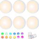 HELPLEX LED Puck Lights with Remote, 6 Pack Color Changing RGBW Stick-On Light, Battery Powered, Dimmable Under Cabinet Lighting with Timer & Memory, Wireless Push Lights for Kitchen & Closet