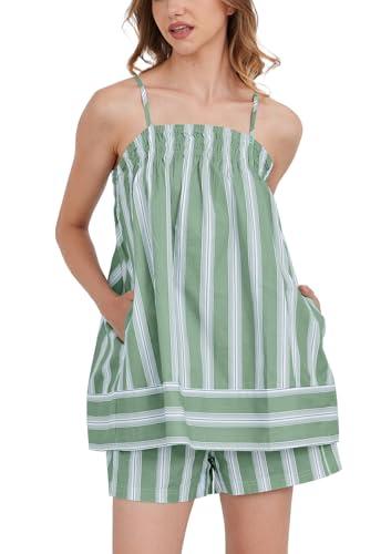 calbatic Women 2 Piece Lounge Set Striped Summer Pajama Set Sleeveless Peplum Cami Top and Wide Leg Shorts Set Beachwear Green L