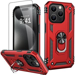 2 x IKAZZ for iPhone 15 Pro Case 6.1 Inch with Screen Protector,Military Grade Shockproof Heavy Duty Protective Phone Cover Pass 16ft Drop Test with Magnetic Kickstand Car Mount Holder,Red