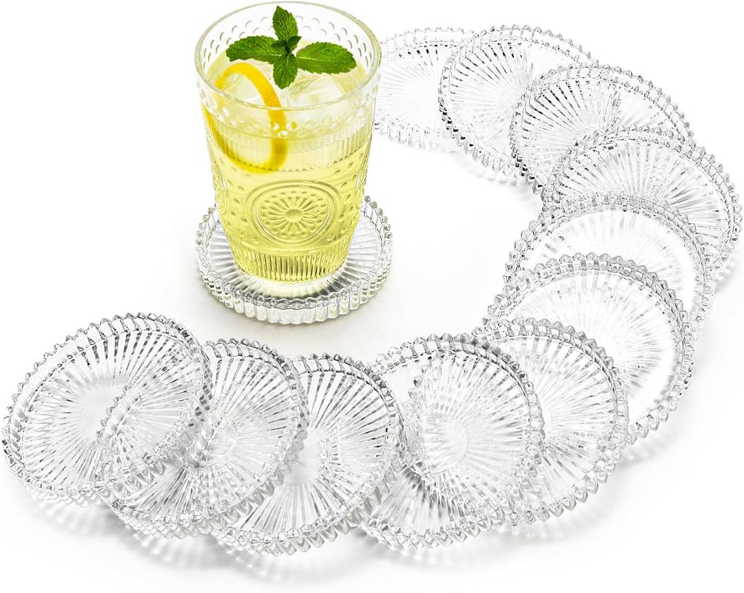 Elsjoy 12 Pack 4 Inch Modern Clear Coaster Set, Round Pillar Candle Holder Plates, Clear Crystal Glass Coaster for Drinks, Bar, Dining Table