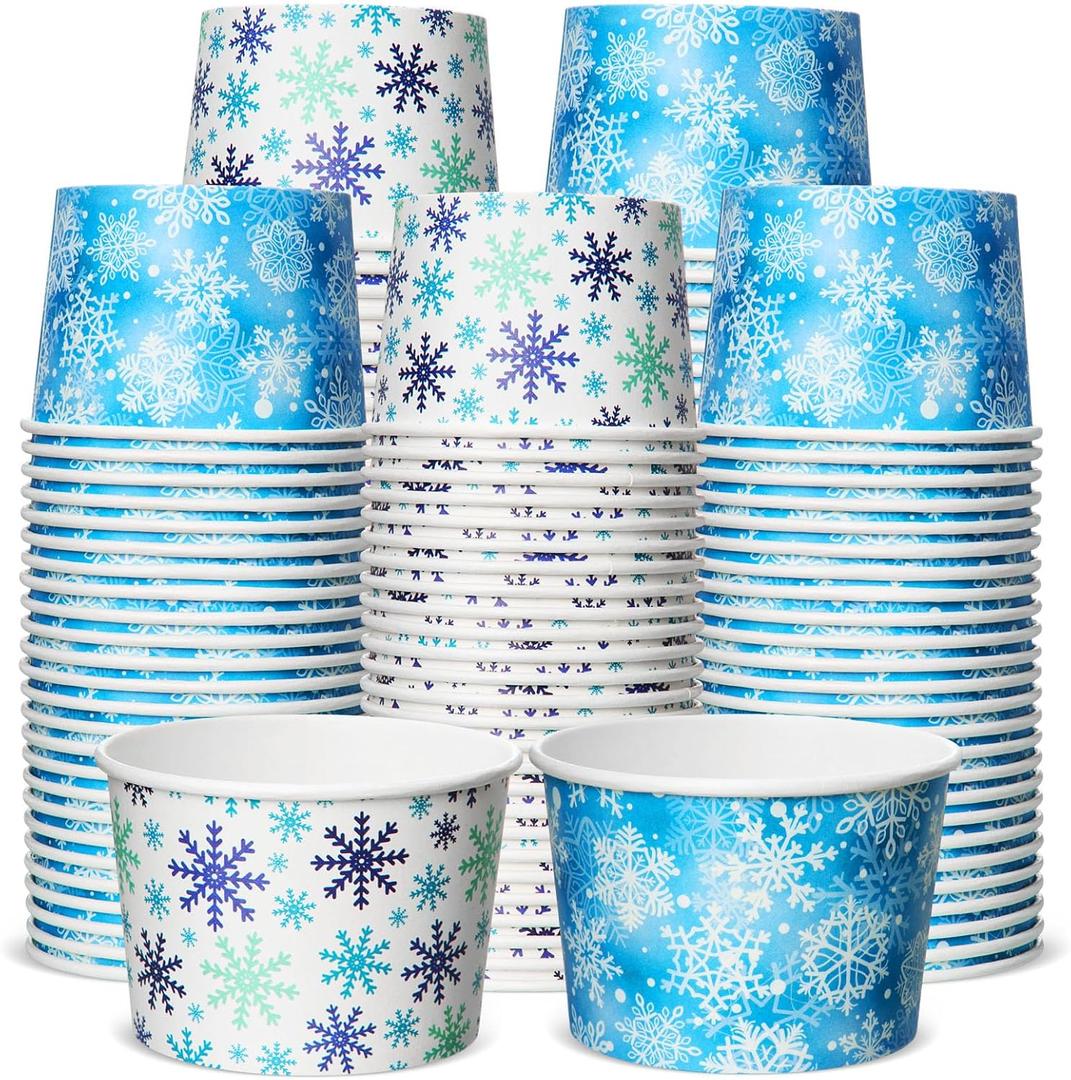 100 Pcs 8 oz Snowflake Treat Snack Cups Paper Christmas Ice Cream Bowl Blue White Snowflake Disposable Paper Bowls Winter Dessert Bowls for Winter Christmas Food Party Supplies